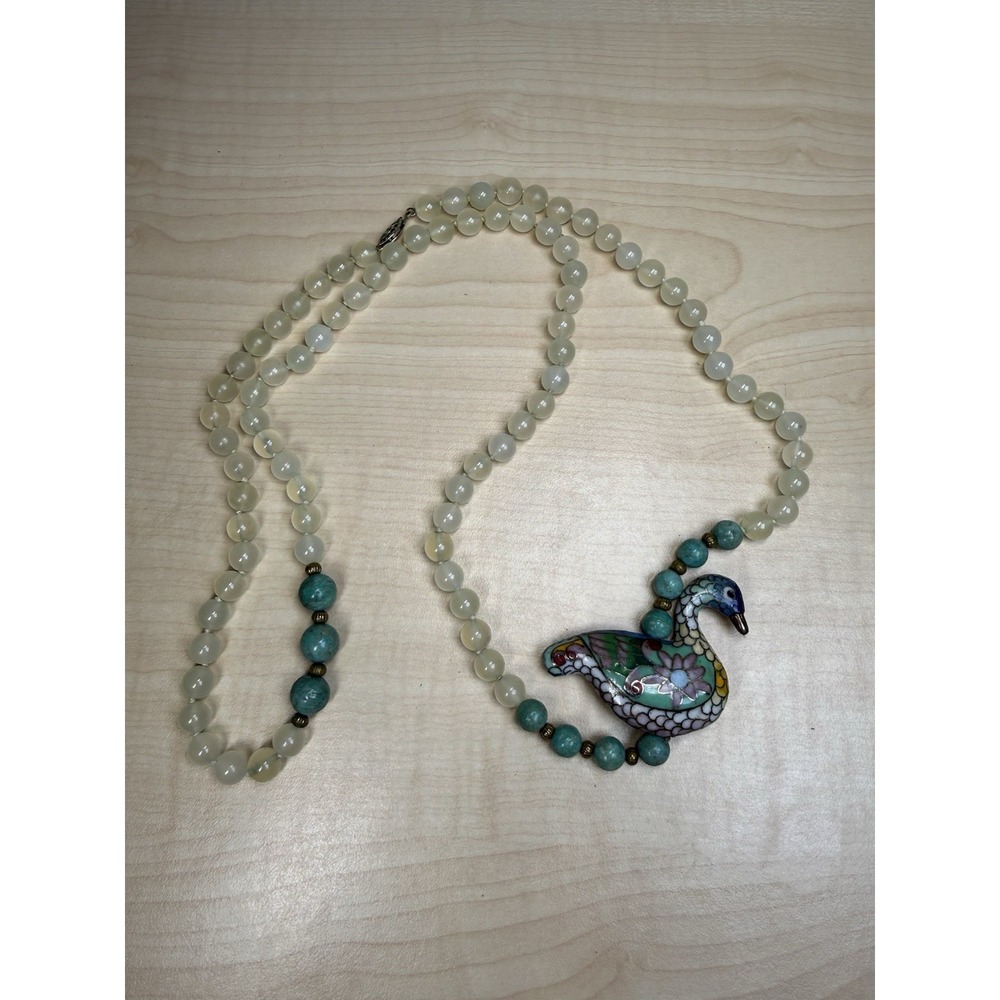 VTG Chinese jade? Cloisonne Brass Enamel Goodluck Goose Bird‎ Pendant Necklace - Picture 7 of 16